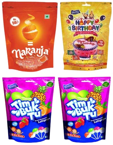 Derby Pack Of 4 - Naranja Orange Candy (1 Pack), Happy Birthday Mixed Fruit Candy (1 Pack) and Tim Buk Tu Mixed Fruit Lollipop (2 Pack) /Return Gifts to Your Family & Friends