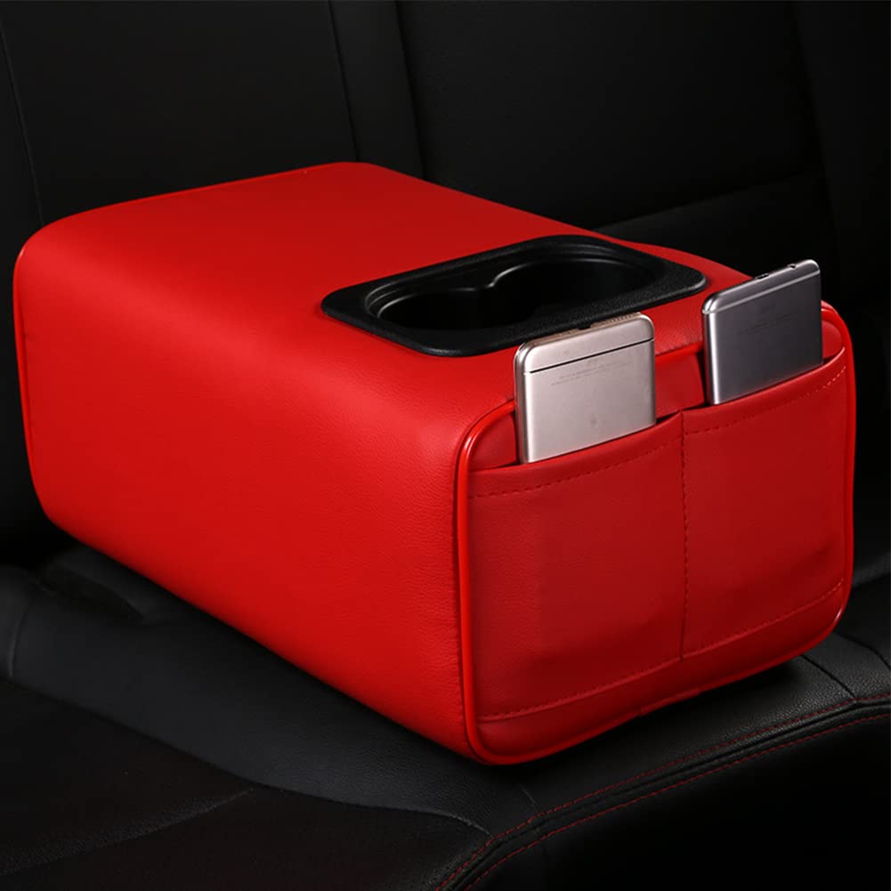 Universal Car Rear Seat Armrest 2 Row Console Box with Cup Holder Arm Rest Backseat Armrest Console Box Second Row Rear Central Armrest Box(Red-Double Pockets)