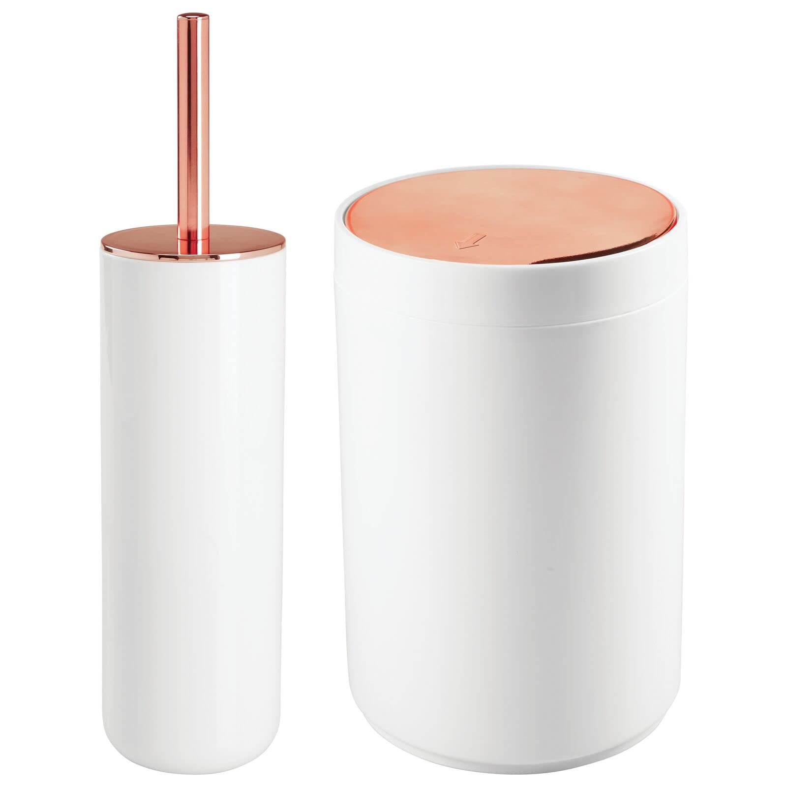 mDesign Modern Slim Profile Compact Freestanding Plastic Toilet Bowl Brush and Round Wastebasket Garbage Can Combo for Bathroom Storage - Sturdy, Deep Cleaning - Set of 2 - White/Rose Gold