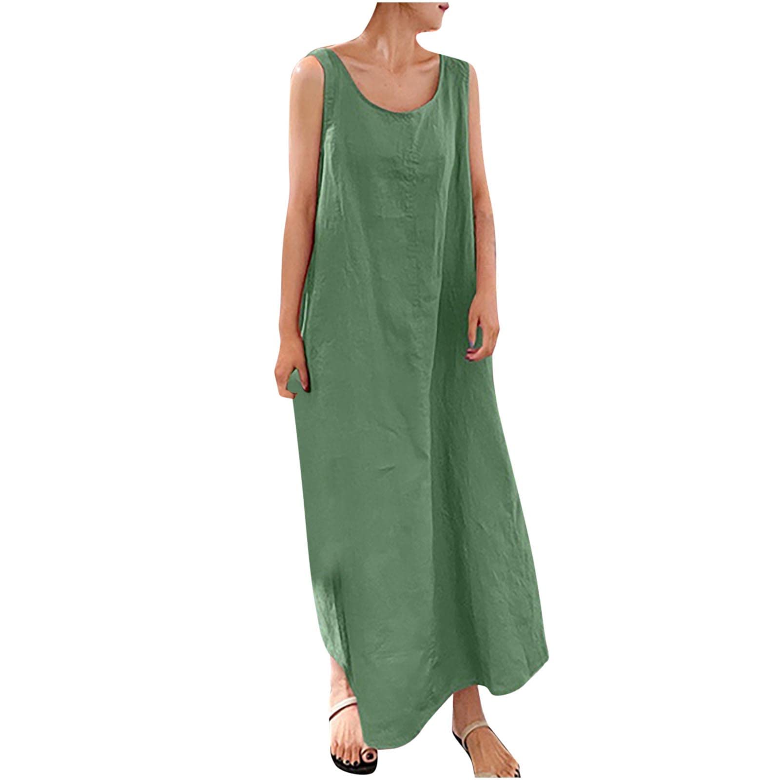 SMIDOWMaxi Dress for Women 2023 Spring Summer Cotton Linen Solid Color Long Dress Casual Fashion Sleeveless Dress for Holiday