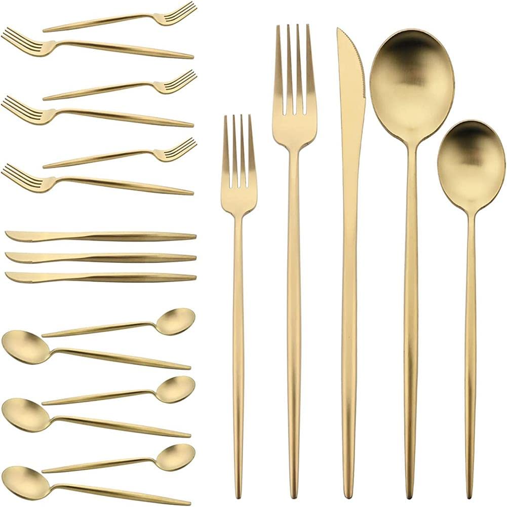 Uniturcky Flatware Set 18/10 Stainless Steel Matte Champagne Gold - Kitchen Utensil Serving Set of Dinner Fork Knife Spoons Salad Fork Dessert Spoon,20 Piece, for Home Kitchen Hotel (Champagne Gold)