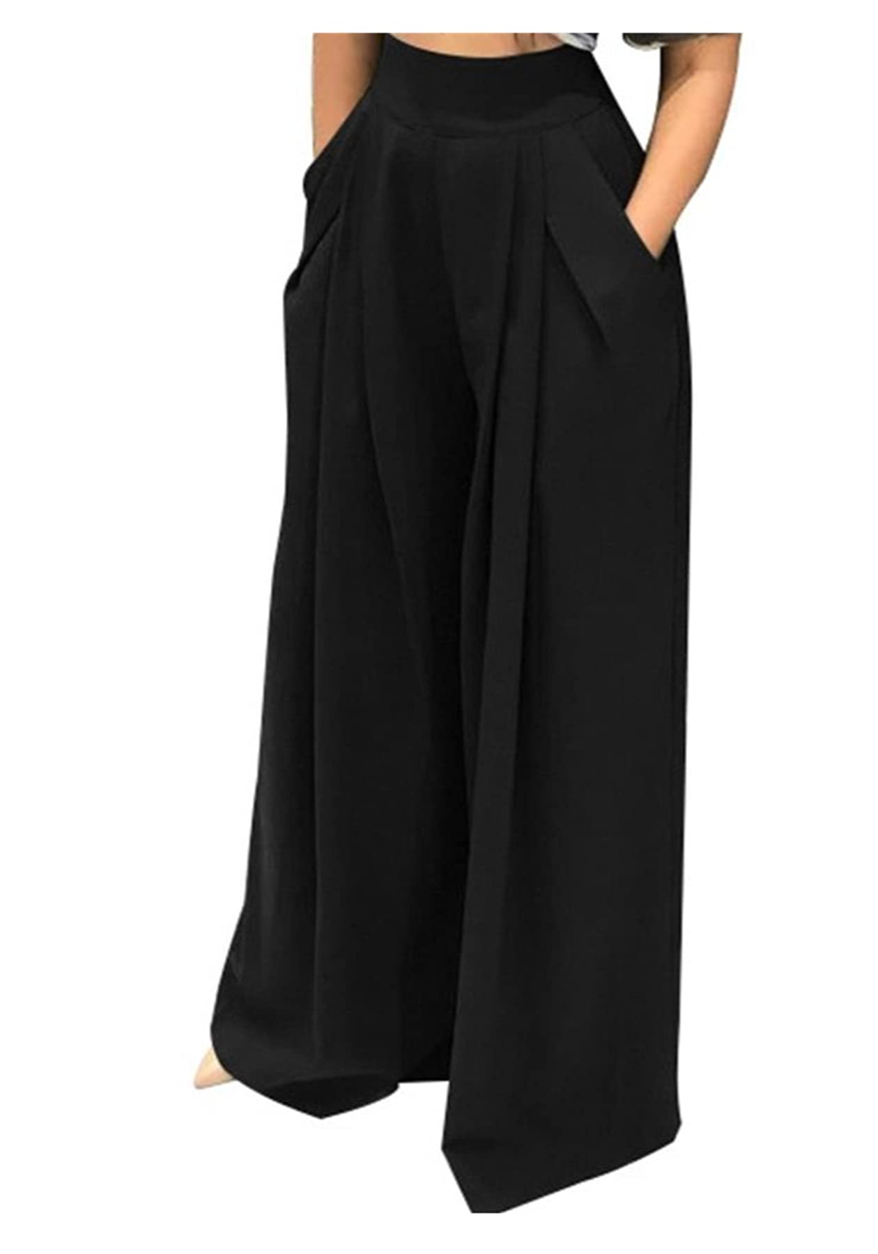 NRTHYEWomens Palazzo Long Pants High Waist Wide Leg Stretchy Loose Fit Casual Trousers with Pocket