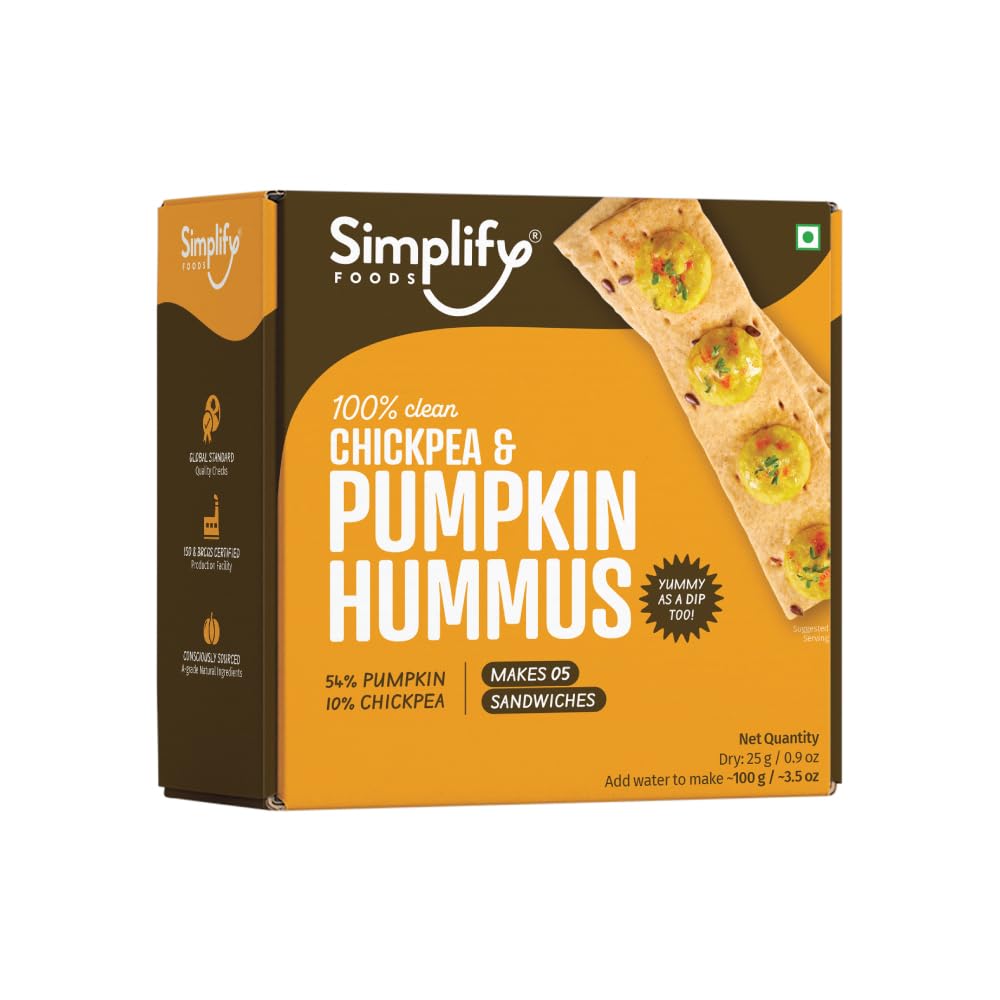 Simplify Chickpea & Pumpkin Hummus - 25gm (Pack of 1) - Family Friendly | Makes 100gm for 5 Sandwich | Tasty & Easy Spread/Dip Mix with 100% Natural Ingredients