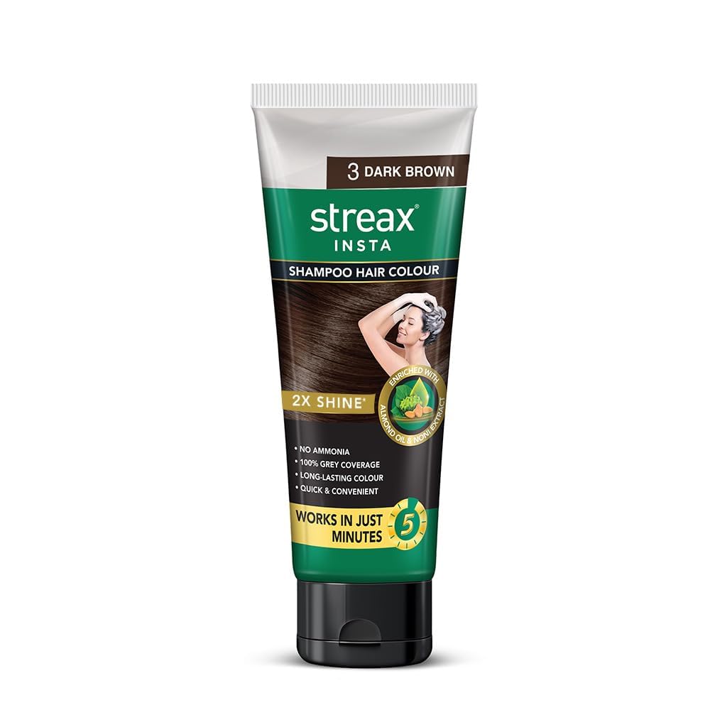 Strea'x Shampoo Hair Colour, 200 ml I Squeeze Pack with Natural Extracts I Hair colour for Men I Hair colour for Women I Long Lasting Formula I Colours in 5 Minutes, Dark Brown