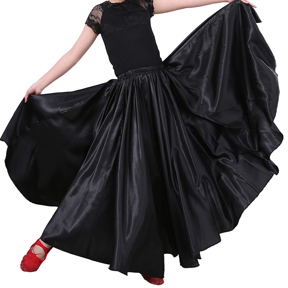 SANCANFull Flowy Dancing Circle Long Ankle Length Maxi Satin Belly Latin Dance Skirt for Kids Girls Costume Cosplay