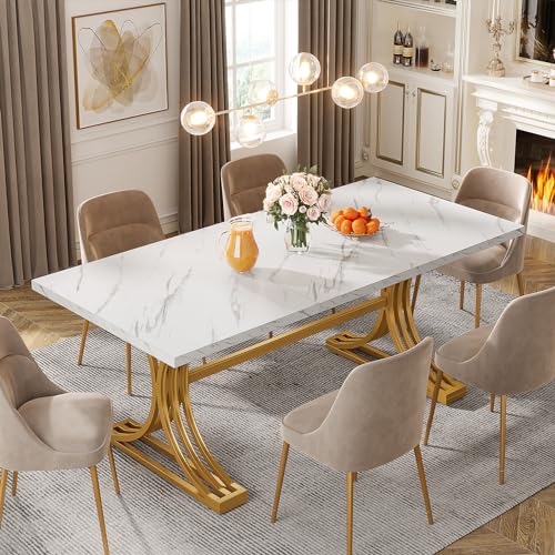 Tribesigns 63-Inch Rectangular Dining Table for 4 to 6, Kitchen Tables for Dining Room, Modern Dinner Table with Faux Marble Table Top and Stylish Metal Legs (Only Table) (Faux Marble White+Gold)