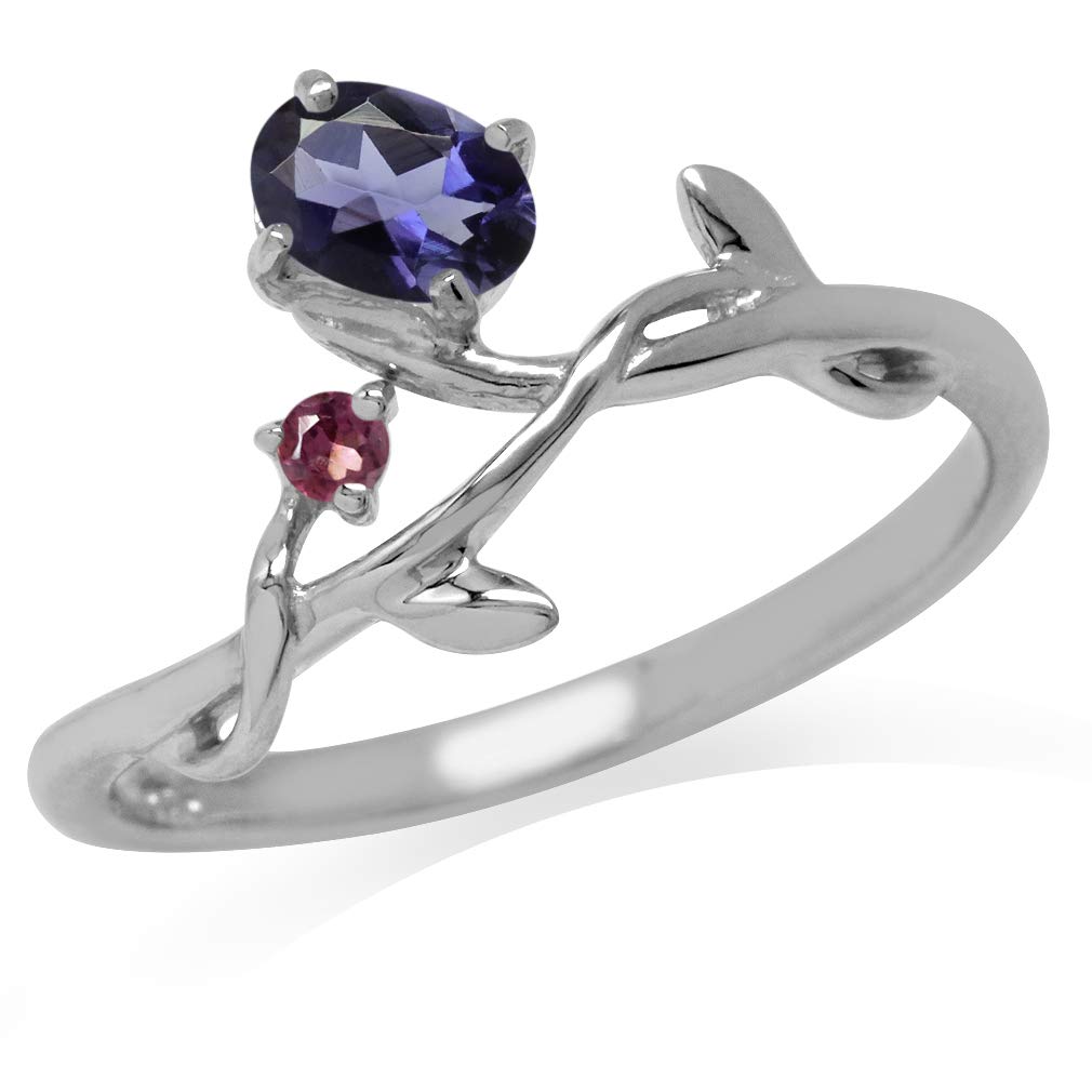 Silvershake Natural Iolite and Rhodolite Garnet White Gold Plated 925 Sterling Silver Vine Leaf Ring