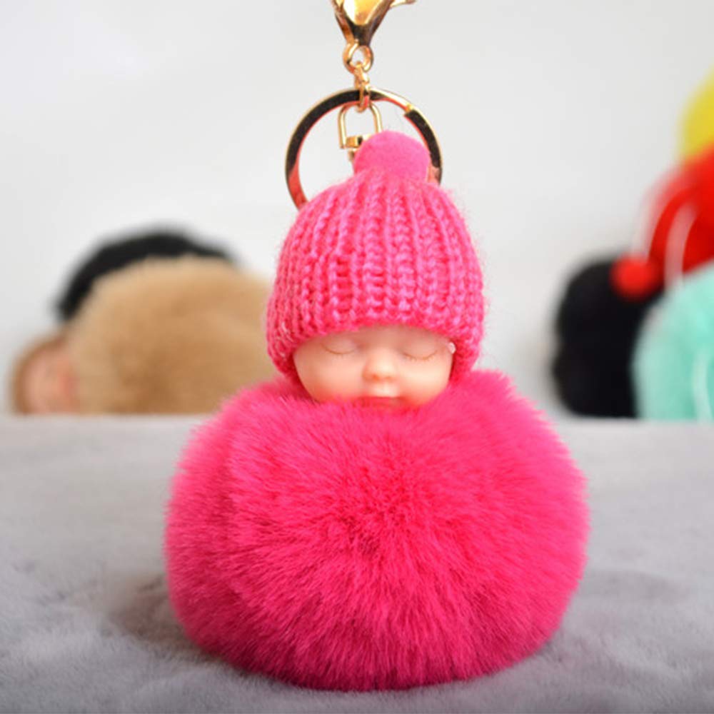 Yuans Cute Small Sleeping Baby Doll Fake Fur ffy Ball Keychain Bag Key Rings ndant Ornaments Gifts Color Rose Red