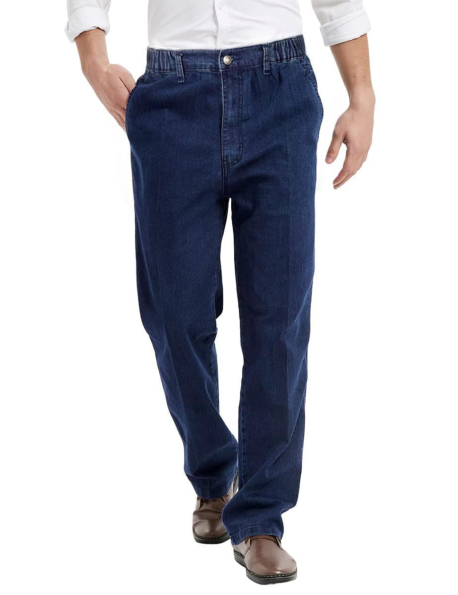 IDEALSANXUNMens Elastic Waist Jeans with Zipper and Button