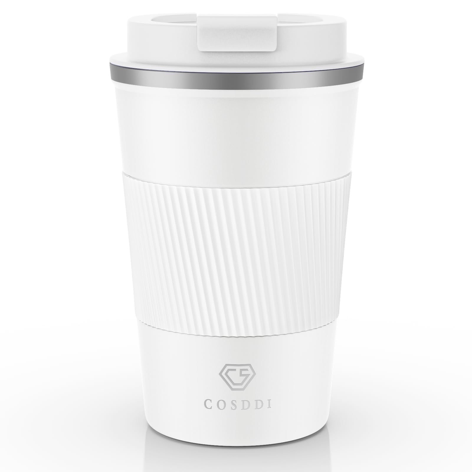 CS COSDDITravel Mugs, Insulated Coffee Cup with Leakproof Lid - Reusable Coffee Cups Travel - Car Coffee Cup - Stainless Steel Coffee Mug for Hot and Cold Coffee Water and Tea(White-A, 380 ml)