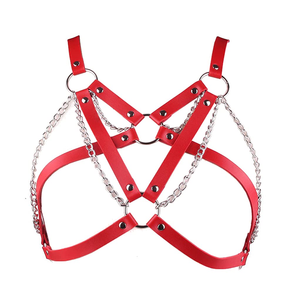 Tong GuWomen Faux Leather Chest Harness Punk Suspenders PU Belt Metal Chain Cage Bra Gothic Fashion Tops