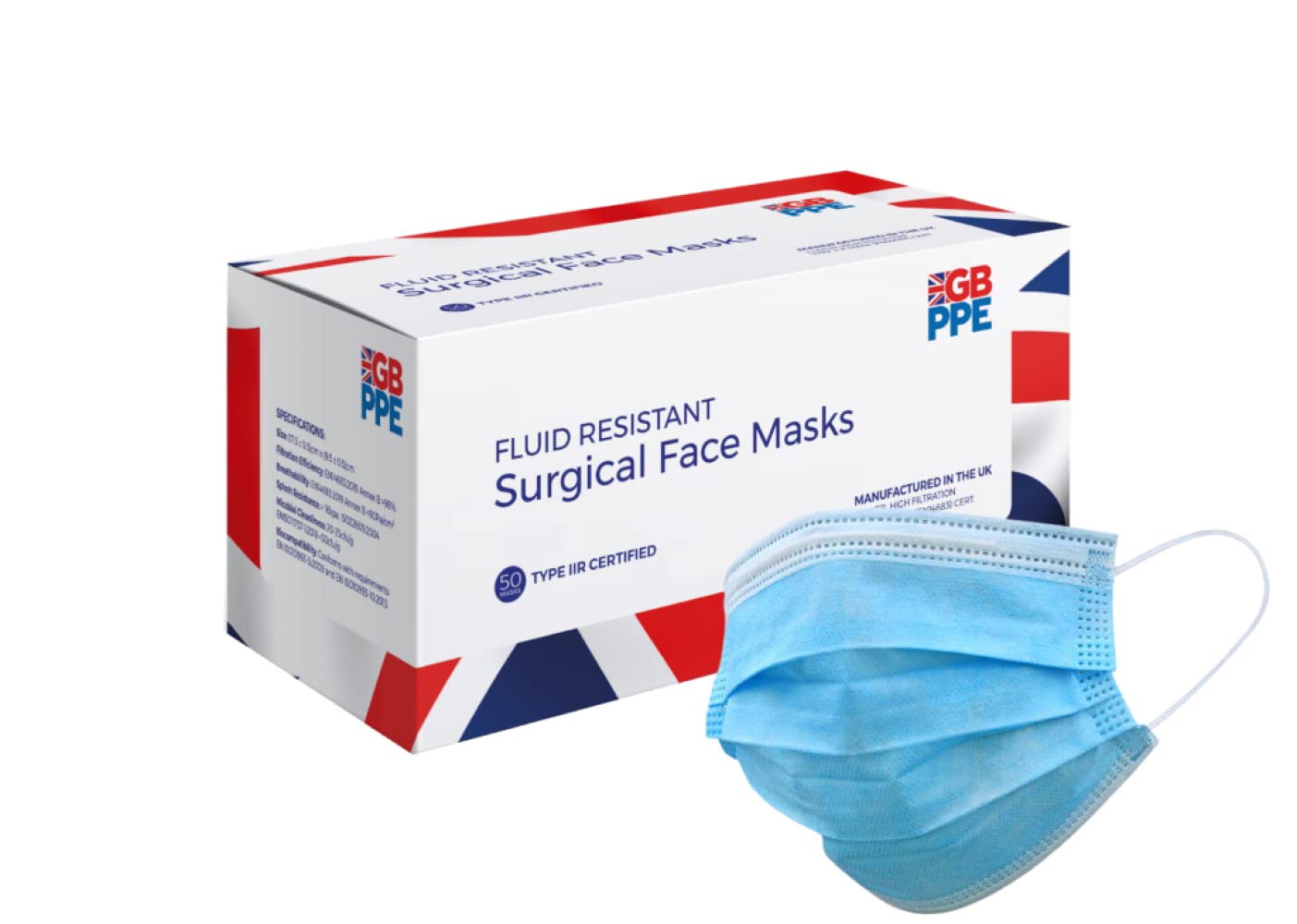 GBPPE Fluid Resistant Premium Face Mask Type 2R IIR, EN14683, 3 Ply, UKCA Certified, Made In The UK (Pack of 50)