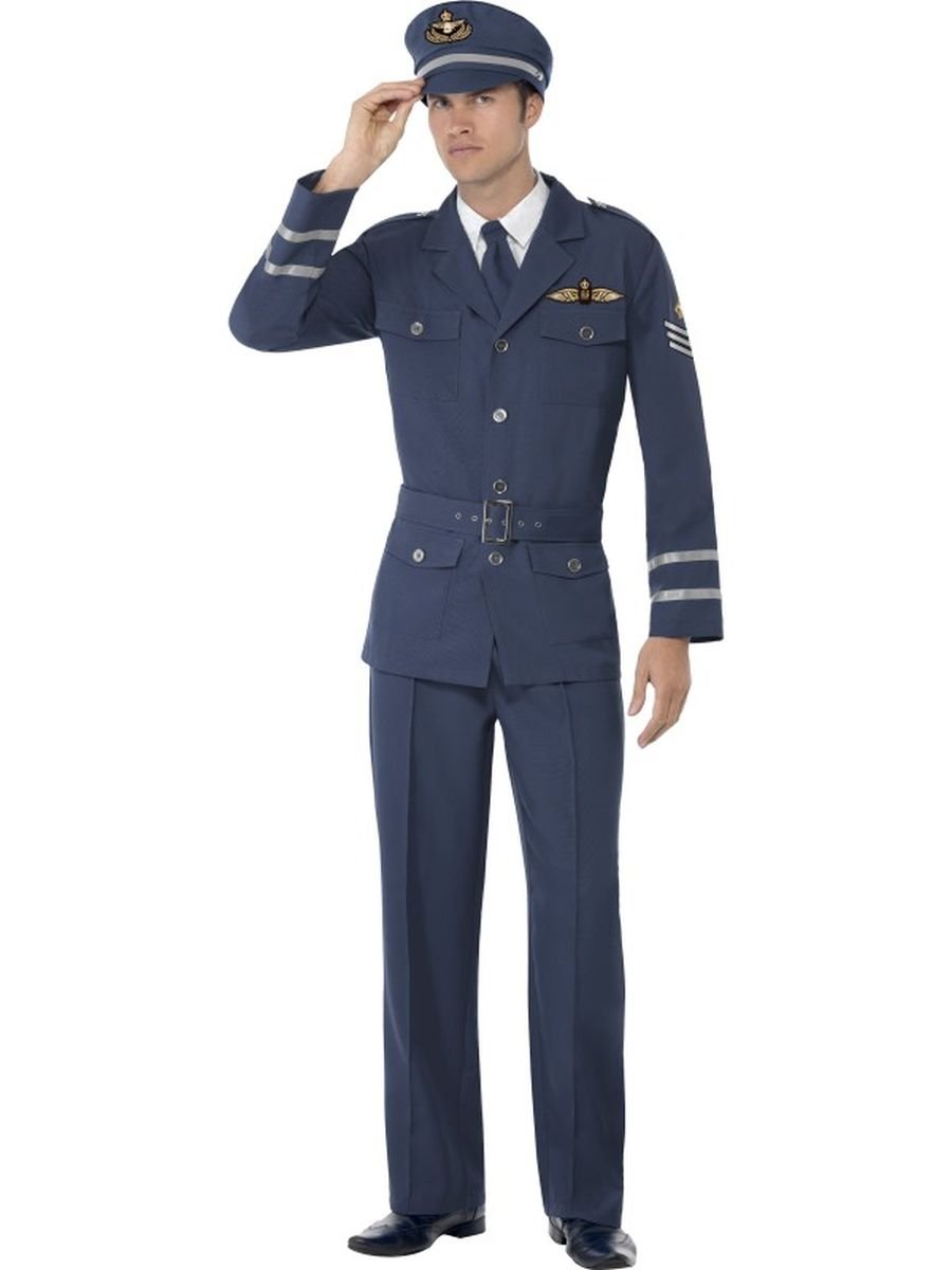 Smiffys WW2 Air Force Captain Costume, Blue Trousers, Jacket, Hat & Tie, Adult Dress Up Costumes