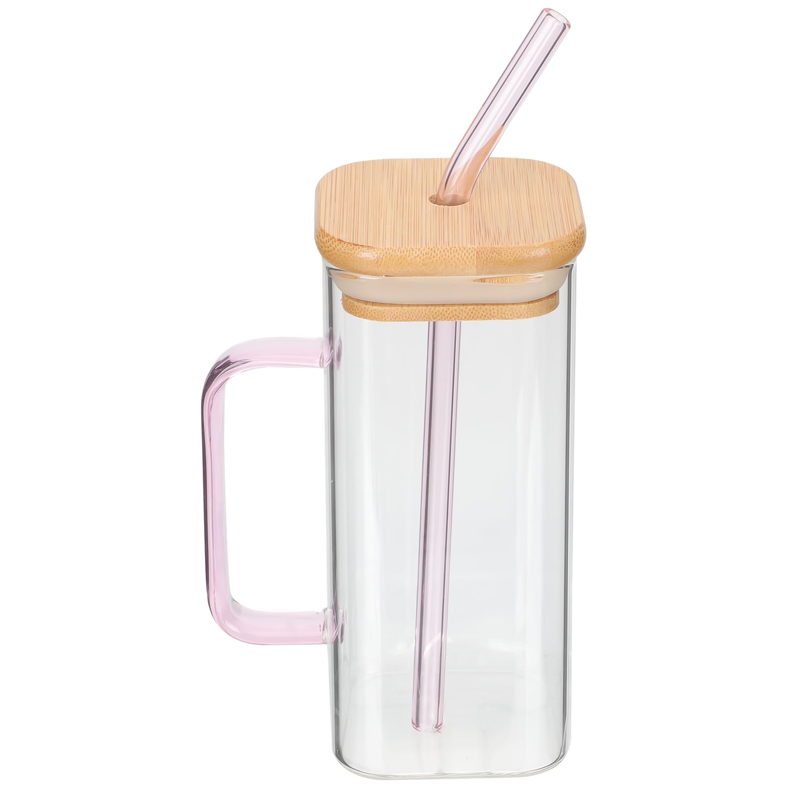 HemotonDrinking with Bamboo Lid and Set - 13.5Oz(400ml) Square Cup with Handle, Iced Coffee Glasses (Pink)