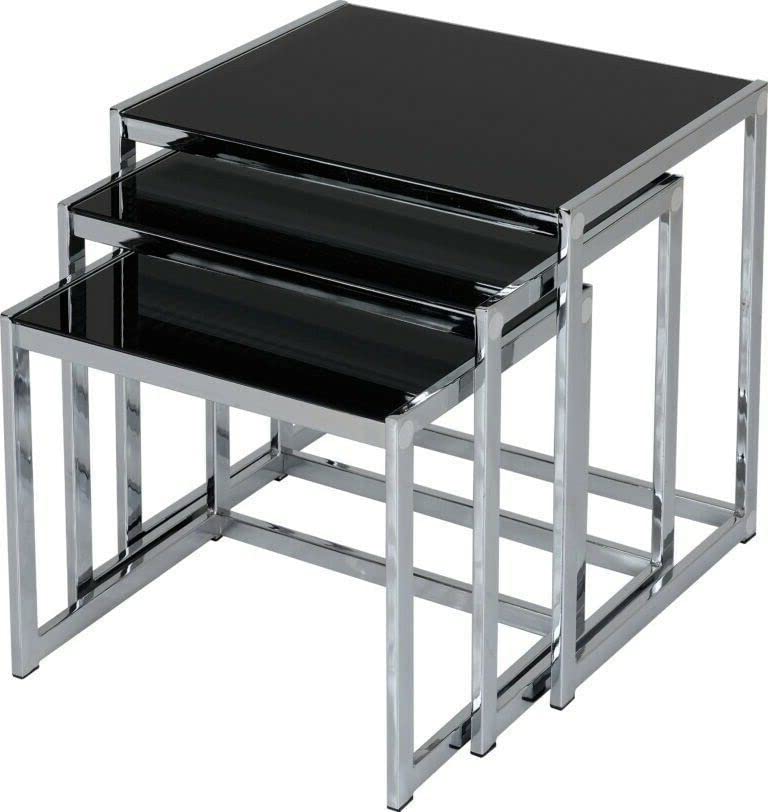 ALIDAM Nesting Tables Living Room Nest of Tables Black Glass & Chrome Coffee Table Side Nest Table