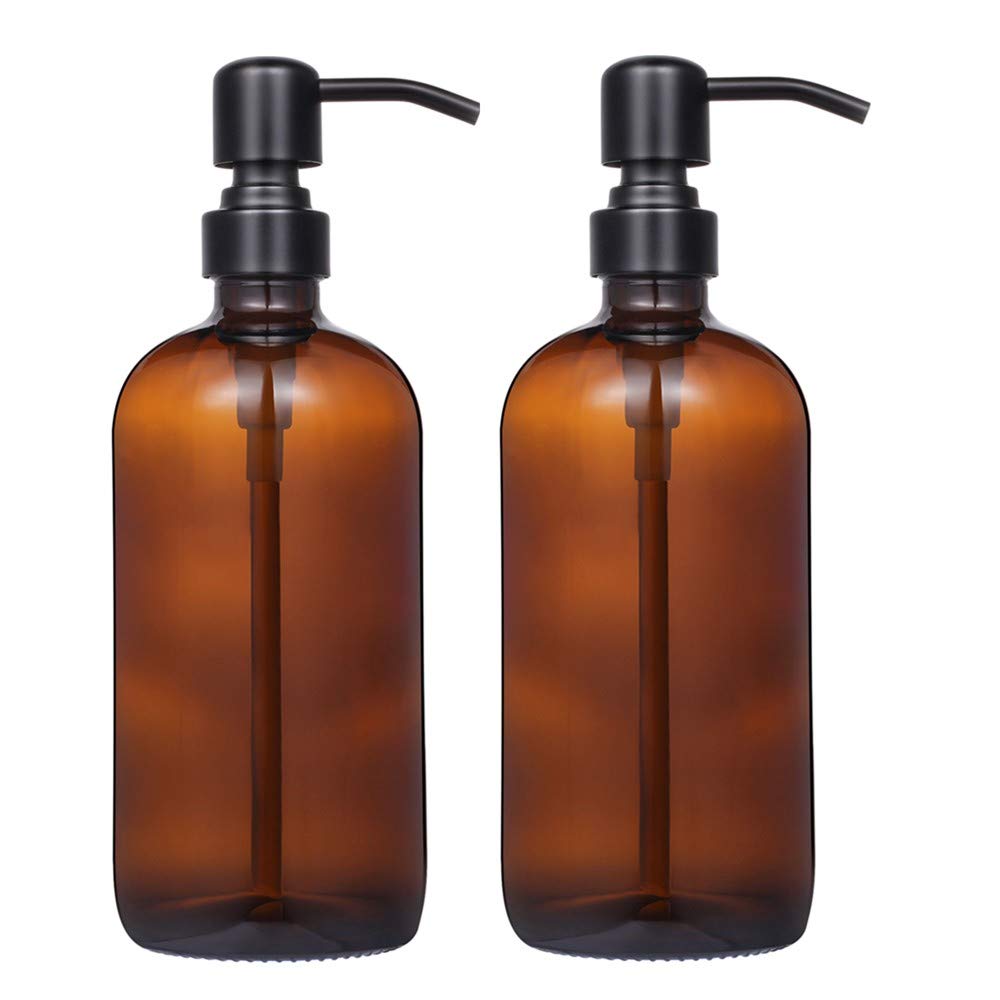 CHBJDAN CHBKT 2 Pack Thick Amber Glass Pint Jar Soap Dispenser with Matte Black Stainless Steel Pump, 16ounce Boston Round Bottles Dispenser with Rustproof Pump for Essential Oil, Lotion Soap