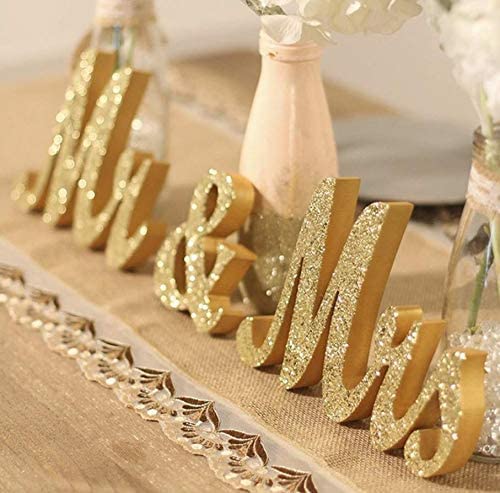 Mr & Mrs Wooden Letters for Wedding Table, Golden Large Mr. and Mrs. Sweetheart Table Decoration, Mister and Miss Wood Sign， Mr and Ms Wedding Present (Mr&Mrs-Golden)