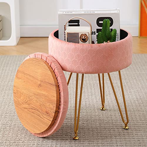 Cpintltr Foot Stool Velvet Storage Ottoman with Removable Lid Round Sofa Stools Foot Rest with Padded Seat Modern Style Makeup Stool Decorative Furniture Suitable for Lounge Dorm Room Blush