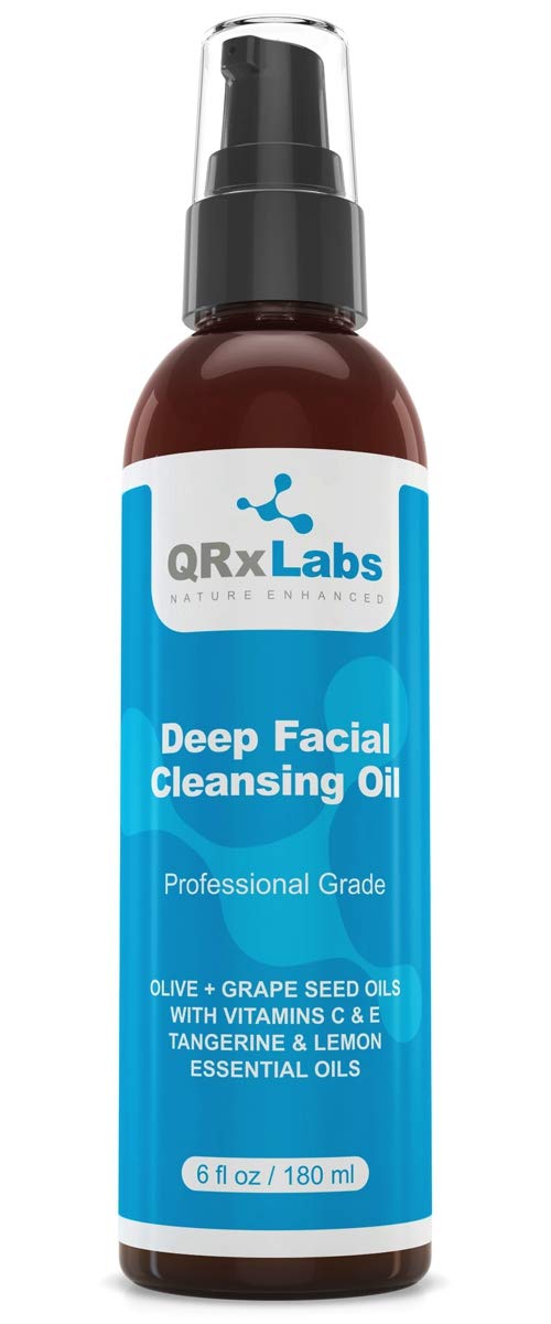 QRxLabs Deep Facial Cleansing Oil with Olive and Grape Seed Oils, Tangerine & Lemon Essential Oils, Boosted with Vitamins C & E - BEST Cleanser for Dry Skin - Makeup Remover & Face Wash - 6 fl oz