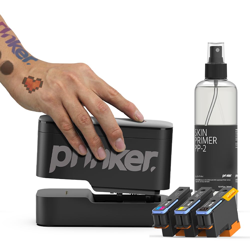 Prinker S Temporary Tattoo Device Package for Your Instant Custom Temporary Tattoos with Premium Cosmetic Full Color + Black Ink - Compatible w/iOS & Android devices