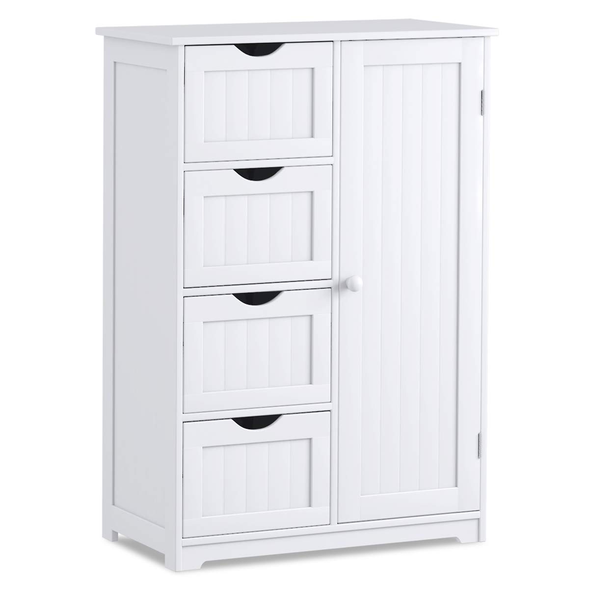 Giantex Bathroom Floor Cabinet Wooden with 1 Door & 4 Drawer, Free Standing Wooden Entryway Cupboard Spacesaver Cabinet, White