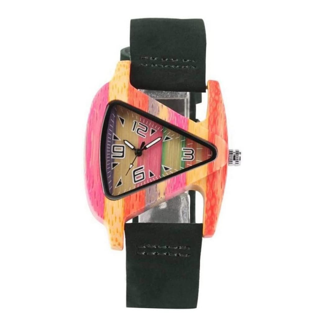 HemoreWomen Quartz Watch,Triangle Dial Watch Unique Wooden Women Quartz Wristwatch Adjustable Band Watch Green with Number