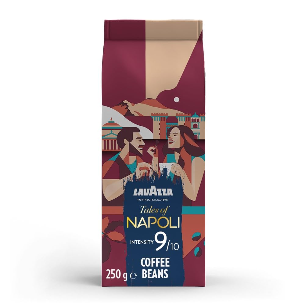 LavazzaTales of Napoli, Coffee Beans, Ideal for Espresso Coffee Machines, with Aromatic Notes of Cocoa and Caramel, Arabica and Robusta, Intensity 9/10, Dark Roasting, 250 g