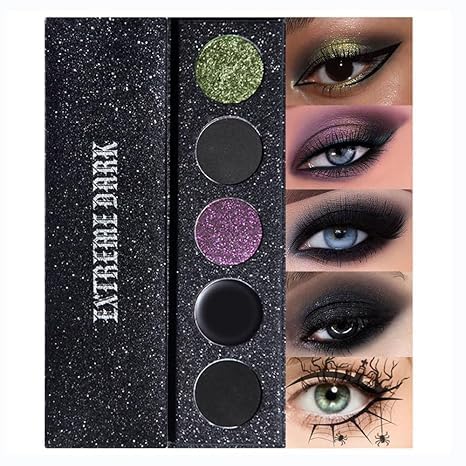 Azonee5 Colors Black Eyeshadow Palette, 5 Colors Shimmer and Matte True Black Chameleon Green Purple Color Changing Blush Eyes Multi-Use Dark Goth Makeup Pallet, for Daily Halloween Makeup