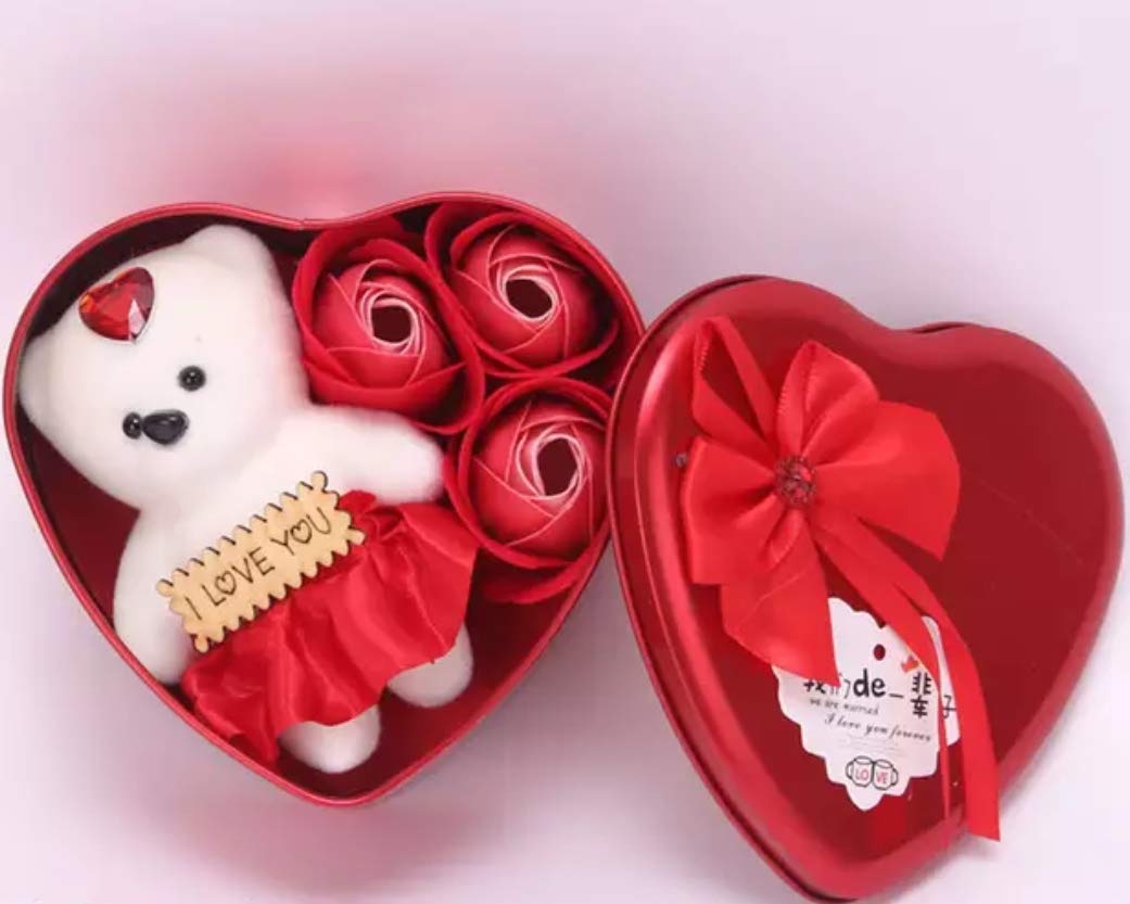 LaDecorrista Heart Shape Box with Fragrant Soap Flowers and a Cute Teddy Bear | Valentine's Day Gift Red Heart Shape Scented Soap Flower Bouquet with Cute Teddy (1 Heart Shape Tin Box, 1 Teddy, 3 Rose Bud Petal)