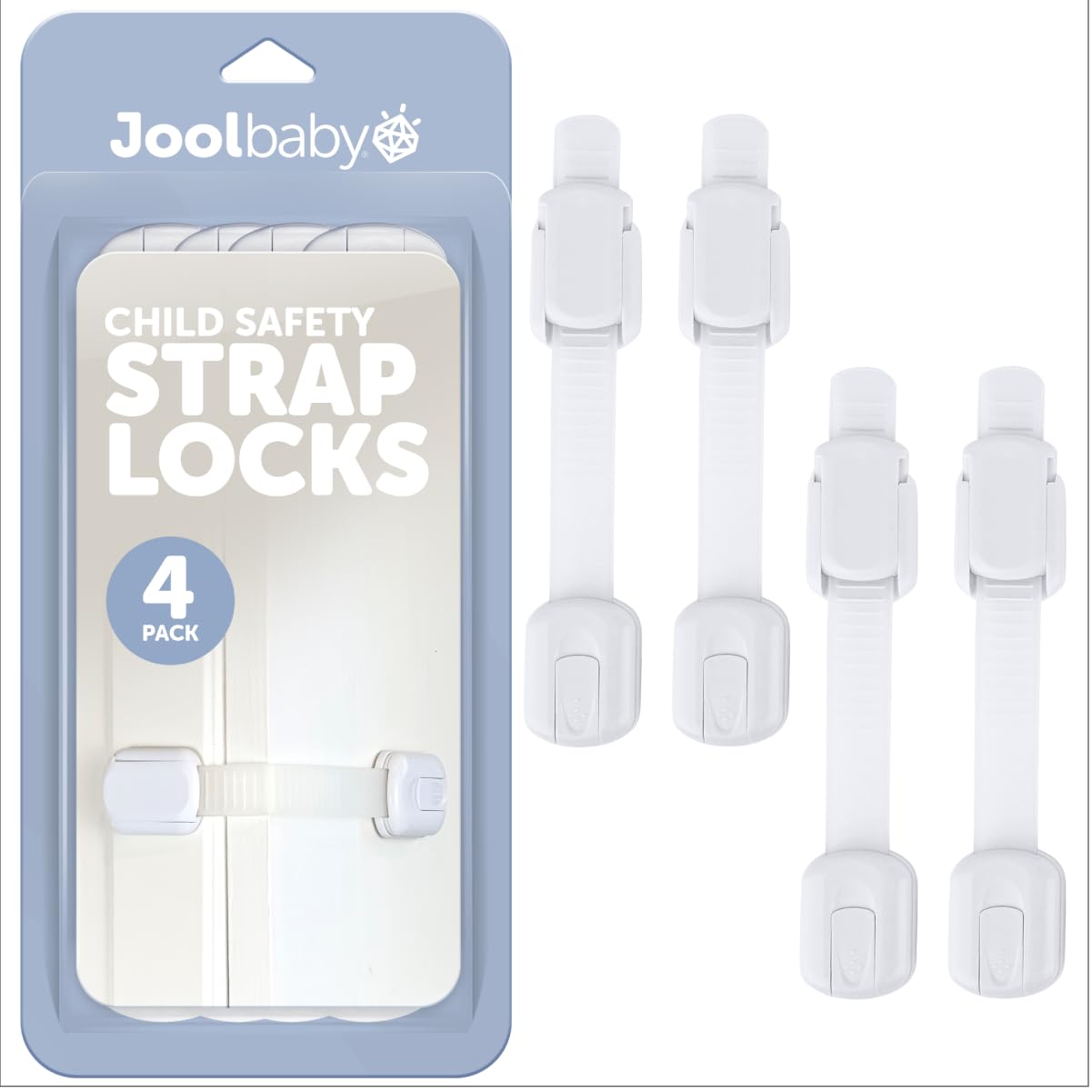 Child Safety Strap Locks (4 Pack) Baby Proof Cabinets, Drawers, Fridge, Toilet & Trash Cans – 3M Adhesive Childproof Locks – Jool Baby