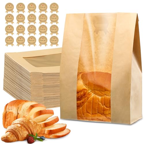 50 Pcs Bread Bags for Homemade Bread, Sourdough Paper Bread Bags With Window, 50% Thicker 13.7x8.2x3.7in A Large Bakery Bags Used for Storage Bread Cookies & Snacks, 60 Cute Sealing Stickers With Ties