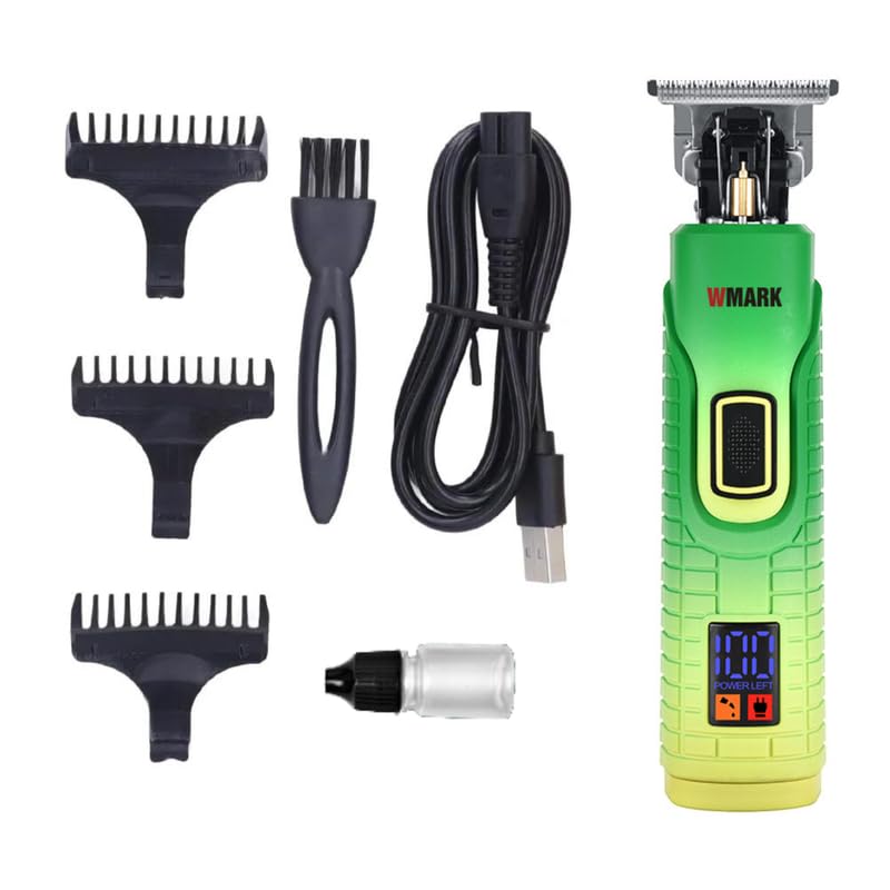 WMARK NG-319 Digital Display Detail Trimmer Pro Li Outliner Cordless T Blade Hair Clipper 0.1 Gap Outlining for Barbers 0.1mm balding Shape up 6500 RPM Powerful rotary Motor Runtime 180 min, Green,Men