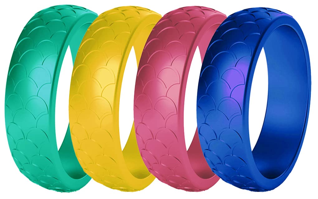 AZYOUNGWomen Silicone Wedding Band 4 Colors a Set Outdoor Sports Dome Top Fish Scale Surface Rubber Rings,US Size 4-10