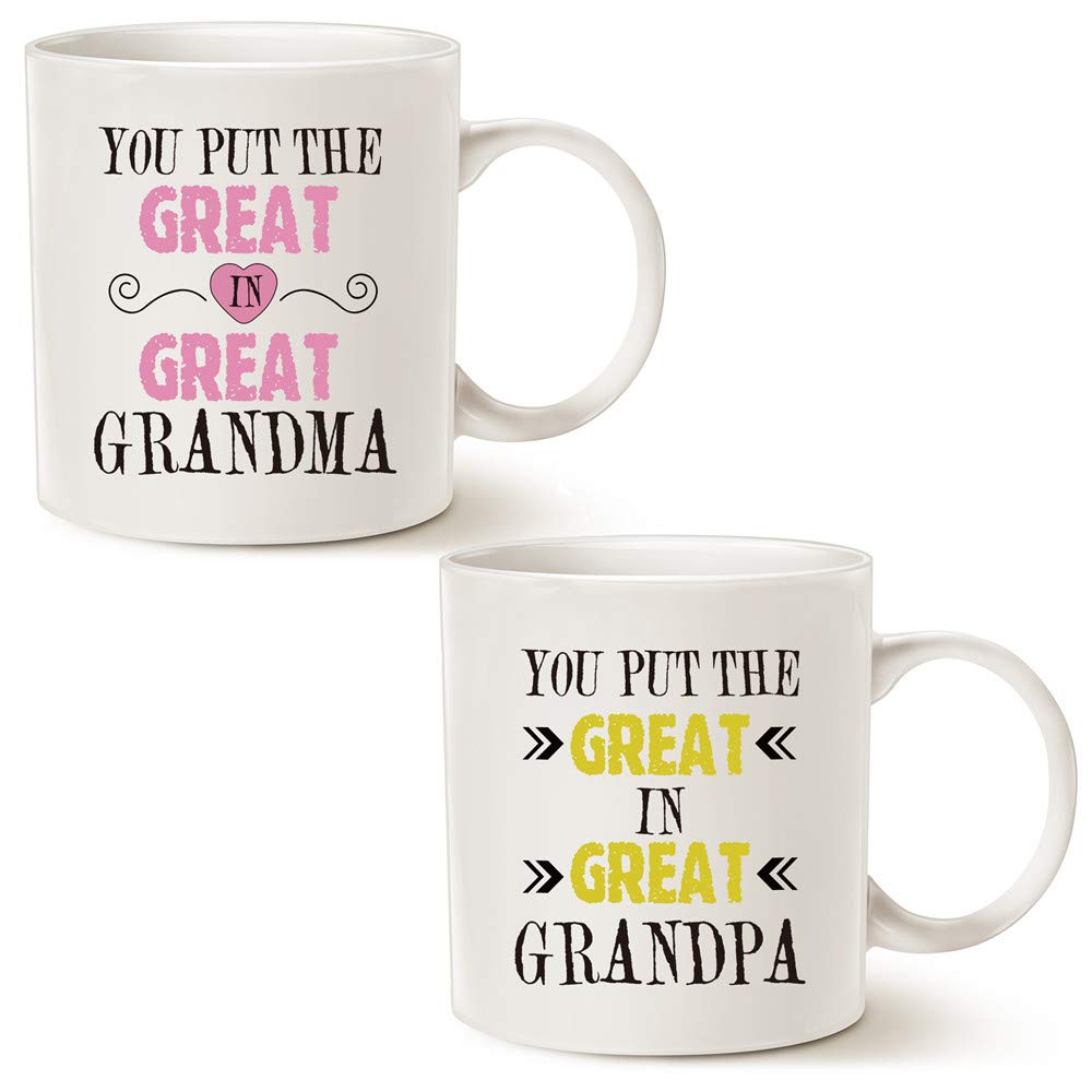 MAUAG Grandparent Coffee Mugs(2 pcs) Christmas Gifts, You Put the Great in Great Grandma/Grandpa Best Birthday Presents for Grandparent Grandma Grandpa Cups Set, White 11 Oz