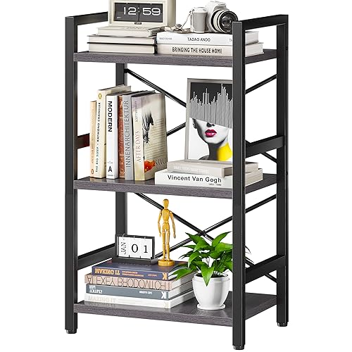 Homeiju Bookshelf, 3 Tier Industrial Bookcase, Metal Small Bookcase, Rustic Etagere Book Shelf Storage Organizer for Living Room, Bedroom, and Home Office(Grey) Patent Pending D29873033