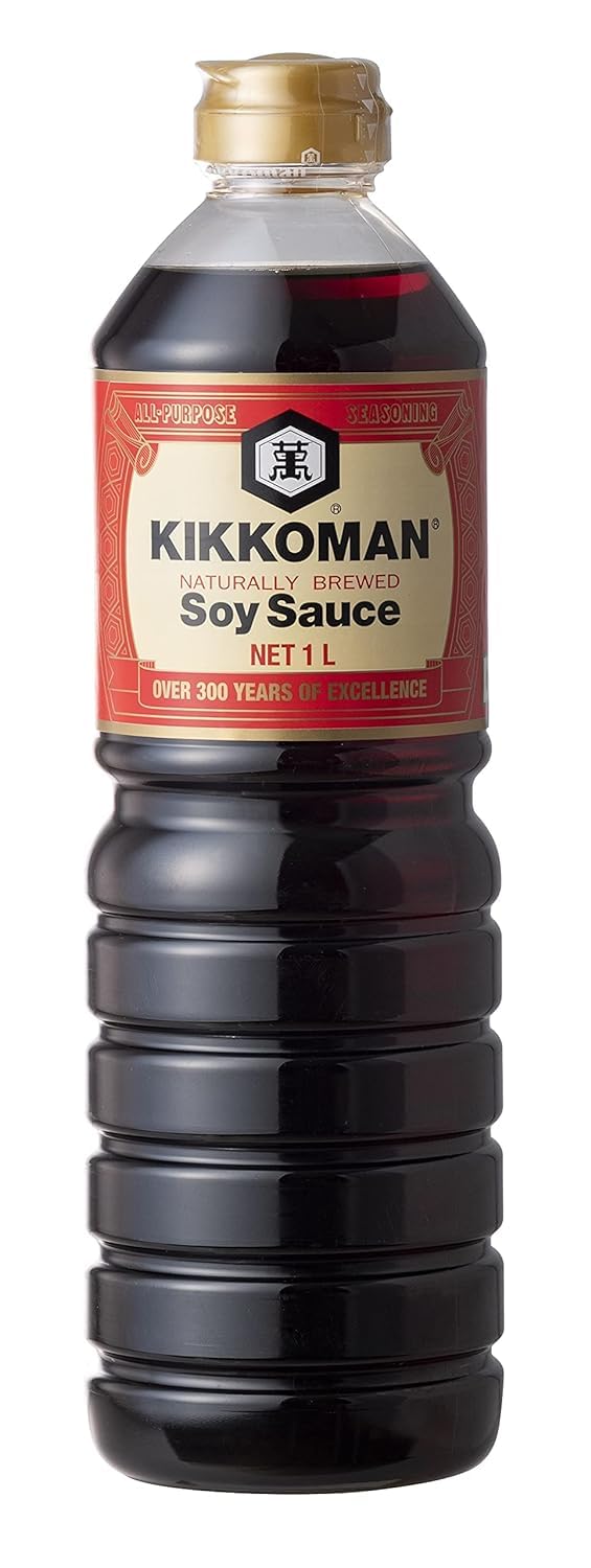 Kikkoman Naturally Brewed Soy Sauce - 1 Litre | Made in Japan, All Purpose Seasoning - 4 ingredients- Soy Beans, Salt, Water, Wheat | Vegetarian, No Added Colour or Preservatives