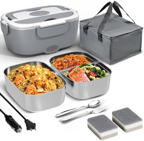 Electric Lunch Box Food Heater for Work, 80 W Food Warmer for Car Truck Travel with 2 Stainless Steel Containers 1.5 Liters Potable Self Heating lunch Box for Adults lonchera eléctrica portátil