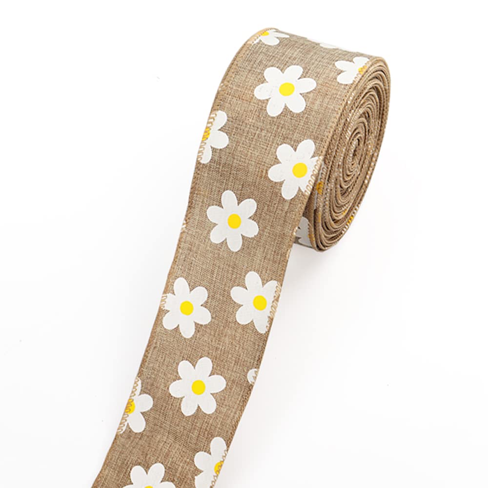 LANGFON Flowers Fabric Ribbons 10 Yards, Brown Daisy Flower Decor Ribbons Burlap Edge Wrapped Ribbon for Easter Gift Wrapping Home Party Decoration Tree Crafts Supplies - 2.5 Inch x 10 Yards x 1 Roll