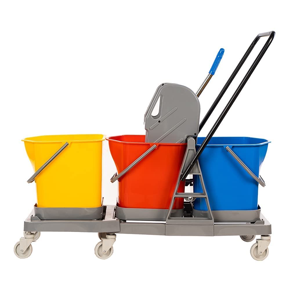 Flaming®Bucket Mop Winger Trolley System for Hospital Cleaning | Bucket Mop Wringer Trolley (Three Bucket mop 60 LTR)