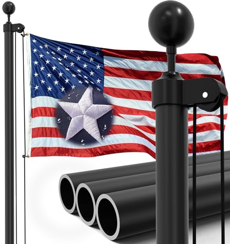 IIOPE 30FT Black Heavy Duty Flag Pole,11-Gauge Aluminum,Extra Thick Residential in Ground Flag poles Complete Kit -Embroidered Stars USA Flag, Includes All Hardware Needed to Fly Two Flags