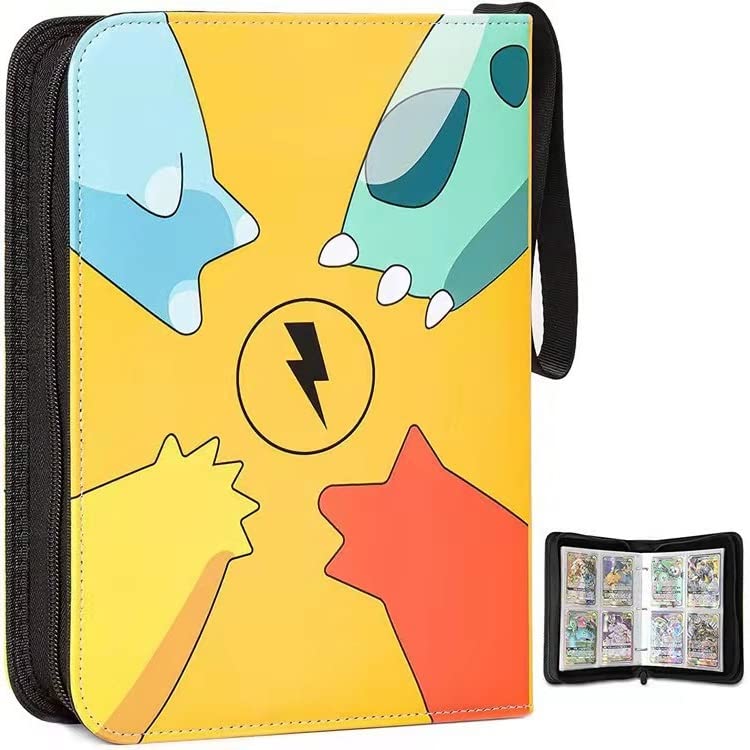 AlexVyan Yellow Poke-mon Binder, Cards Collector Album Holder for 400 Cards Cartoon Prints Zipper Bag Trading Card Binder Poke-mon Cards Collection Bag Game Cards Case Gift for Kids Boys Girls( 50*4*2)