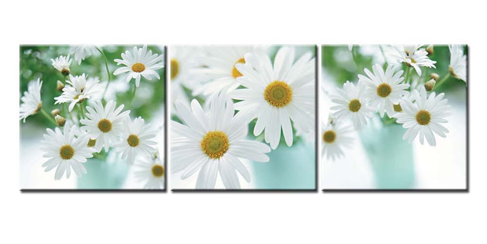 So Crazy Art- White Daisy Wall Art Decor Daisies Flower in Vase Canvas Pictures Artwork 3 Panel Plant Painting Prints for Home Living Dining Room Kitchen