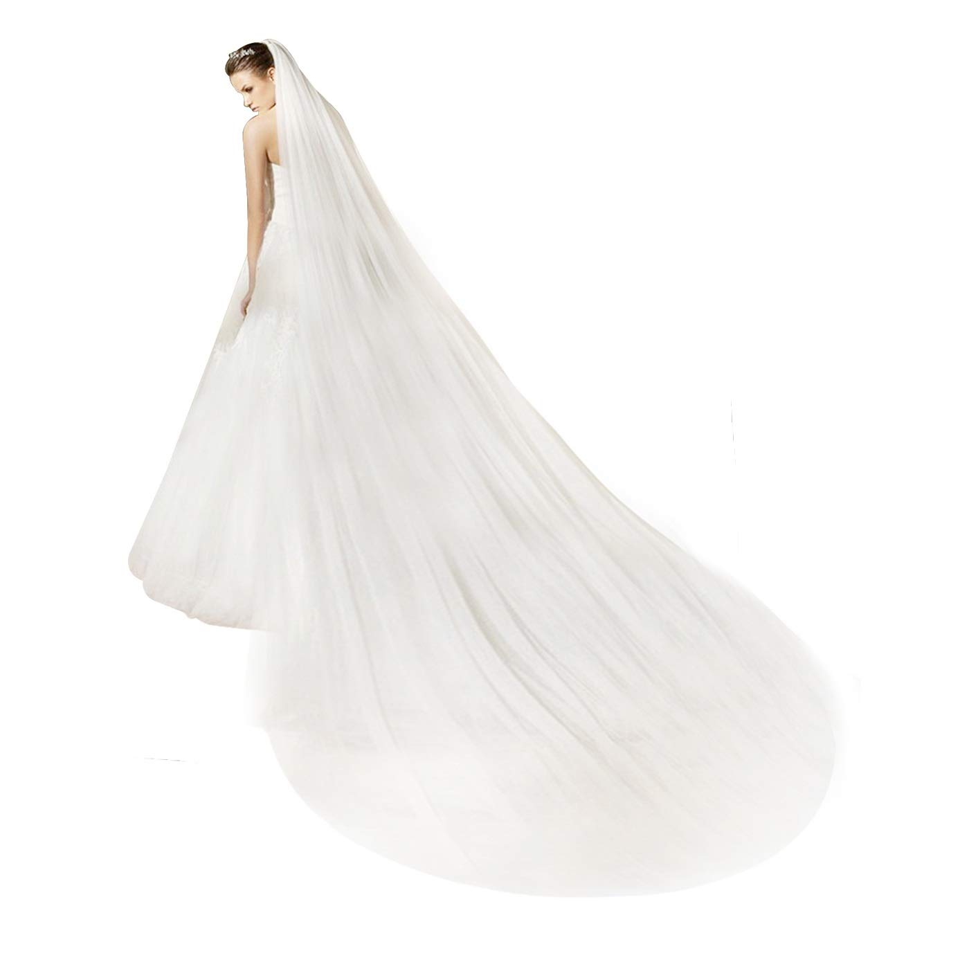 BEAUTELICATE Bridal Wedding Veil 2T Trailing Long Cut Edge with Comb White Ivory Off-white