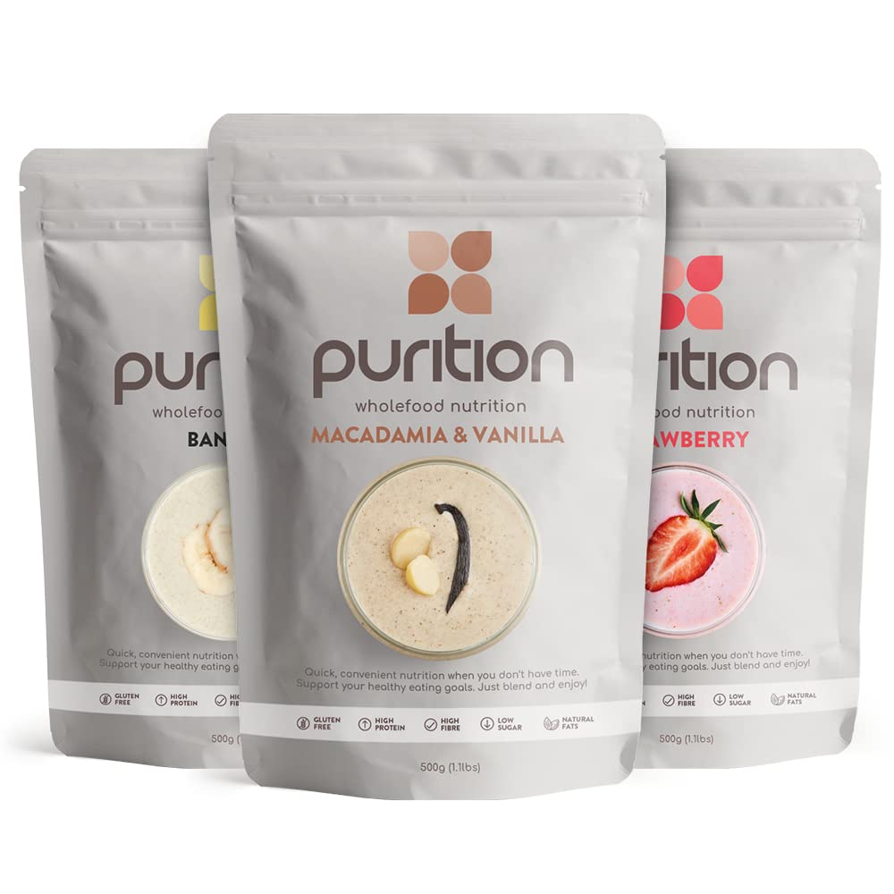 Purition Large Bag Multipack - Strawberry, Banana & Macadamia & Vanilla | Premium High Protein Powder for Keto Shakes and Smoothies with Natural Ingredients for Weight Management | 3 x 12 Meal Bags