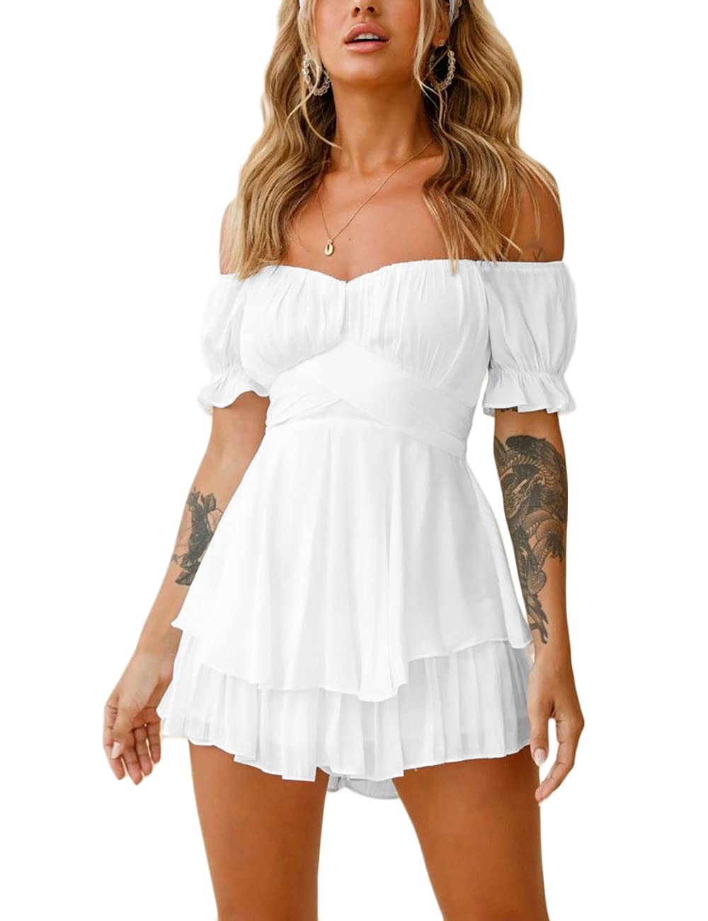 MUCOOWomen's Off Shoulder Knot Jumpsuits Romper Layer Ruffle Hem Shorts Playsuit