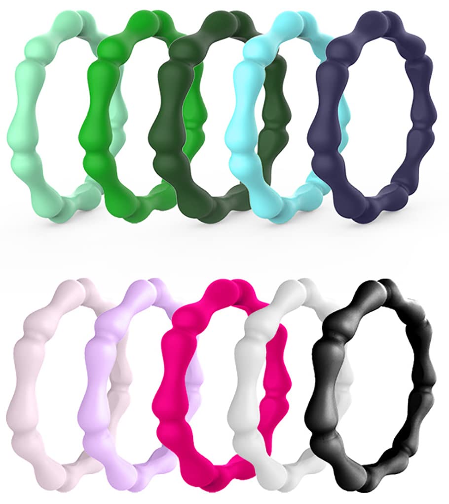 AZYOUNGWomens 3mm Wide Bamboo Silicone Wedding Ring 10pcs sets Green Blue Red Stackable Rubber Bands - US Size 4-10