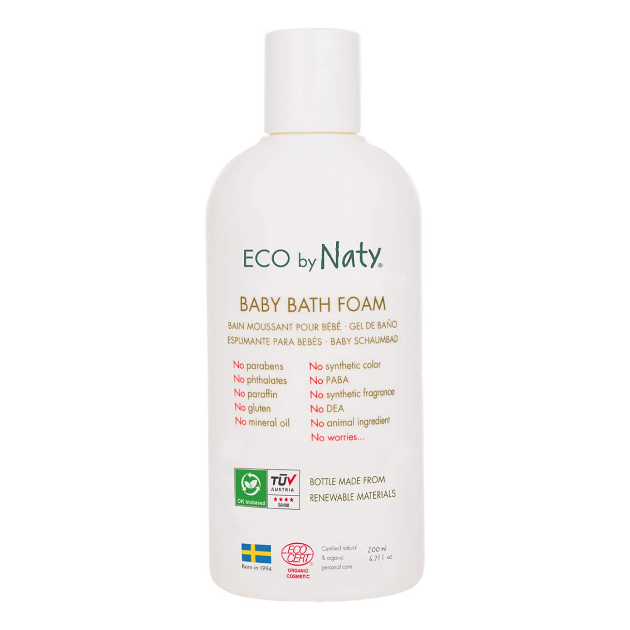 Eco by NatyBaby Bath Foam, Organic Plant-Based Ingredients with 0% Perfume, Hypoallergenic and Dermatologically Tested, 200 ml Bottle