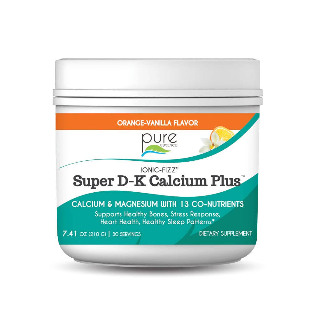 Pure Essence Ionic Super D-K Calcium Plus by Pure Essence - with Extra Magnesium, Vitamin D3, Vitamin K2 for Strong Bones and Stress Relief - Orange Vanilla - 7.41oz