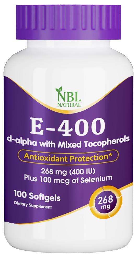 NBL NATURALVitamin E-400 Mixed Tocopherols & Selenium 100 softgel, Supports Heart, Skin, Immune Health & Antioxidant Protection for men and women