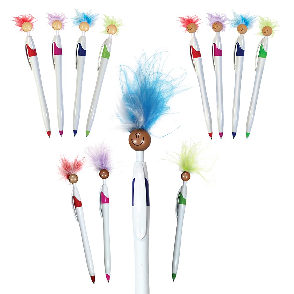 AAkronAAkron Multi-Cultural Wild Smilez Pens – Set of 12 – Includes 4 Pens of Each Skin Tone – Light, Medium and Dark with Black Ink, Plunger Head Feather Like Hair